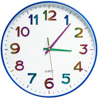 SURPN Reloj de Pared silencioso de 30,5 cm, Funciona con Pilas, Moderno y Decorativo Redondo para Oficina, hogar, baño, Cocina, Dormitorio y Escuela - Arcoíris