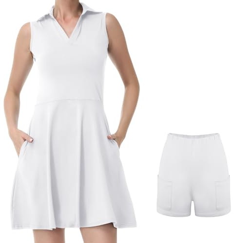 Bezioner Tennis Klänning Dam Pikétröja med Shorts Hög Midja Golfklänningar med Fickor Ärmlös Sportklänning, Vit, L