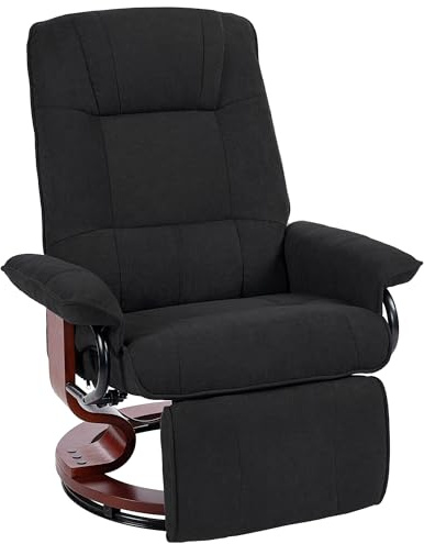 HOMCOM 360° Swivel Recliner Chair with Footstool, Manual Recliner Armchair with Wooden Base, Linen-Like Upholstered Reclining Chair for Living Room, Bedroom, Office, Black