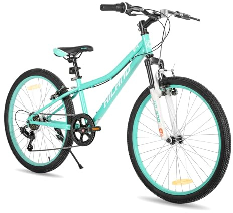 HILAND Climber Bicicleta de montaña Infantil, 24 Pulgadas, 7 velocidades, con Horquilla de suspensión, Frenos V-Brake, Unisex, Verde Menta