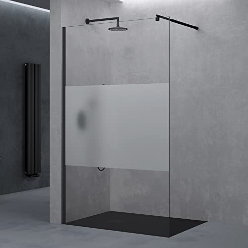 doporro Luxus Duschwand für Dusche Duschabtrennung 140x200cm Schwarz Walk-In Dusche 8mm ESG-Sicherheitsglas Milchglas-Streifen inkl. Nanobeschichtung Bremen01MS