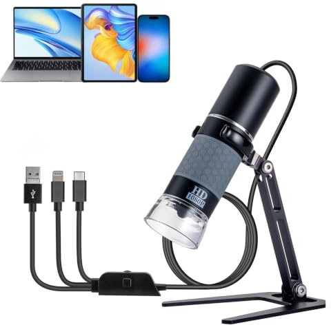 Microscopio Digital 1080P Mostanne, Microscopio USB Portátil con Aumento de 50-1000X y Soporte Ajustable, Compatible con iPhone, Android, Mac y PC con Windows