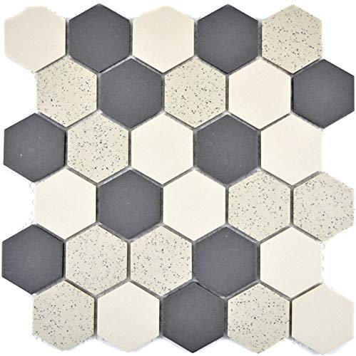 Esagonale esagonale Mosaico Piastrella Ceramica Beige Nero Esagaon non smaltato antiscivolo screziato Specchio Piastrelle - MOS11G-0113-R10