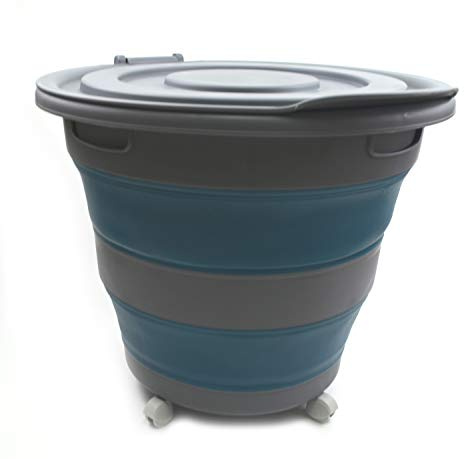 SAMMART 66L(17.4 Gallon) Collapsible Plastic Garbage Bin with Wheels & Removable Lid-Foldable Pop Up Container-Portable Washing Tub-Space Saving Basket,Water Capacity 56L(14.8 Gallon)(Grey/Blue)