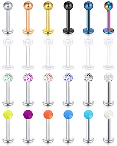 Rajnard 24pcs Piercing Labret Lip 16G Acero quirúrgico y plástico Piercing Cartílago Tragus Helix Monroe Medusa Piercing Joyas para Mujeres Hombres 8 mm