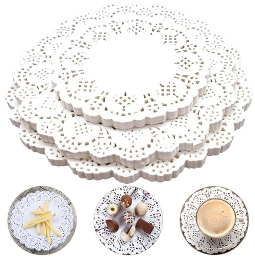Runde Lace Papierdeckchen Spitze 300 Stück Papier Deckchen ausgehöhlten Weiß Tortenspitze Papier Papiermatten Tischsets ,Kuchen Verpackung Pads für Hochzeiten,Geburtstagsfeier，Geschirrdekoration