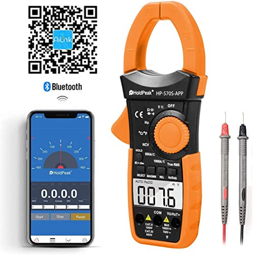 HoldPeak Clamp Meter with Bluetooth, 6000 Counts 1000A Digital Clamp Multimeter Auto Range, AC DC Current NCV Volt Ohm Ohm Capacitance Continuity Temperature Diode