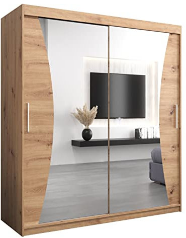 MEBLE KRYSPOL Kleiderschrank mit Spiegel Monaco - Garderobenschrank - Schrank Schlafzimmer - Mehrzweckschrank Zwei Schiebetüren - Regalen - Flur Möbel - Kleiderstange Schrank - Allzweckschrank