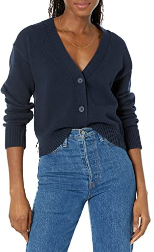 Amazon Essentials Women's Relaxed Fit V-Neck Cropped Cardigan, Ribbed Knit, Navy, Medium