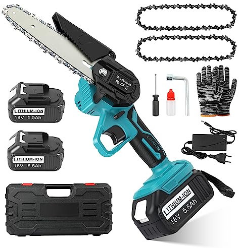 ASUNCELL Mini Motosierra Bateria 6 Pulgadas, Motosierra a Bateria Portátil de Mano, 18V Motosierra Eléctrica Inalámbrica con cargador, 2 * 5.5Ah batería, para Podar Árboles de Jardinería y Madera