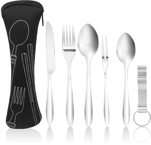 Fousenuk 6 Pezzi Set di Posate da Campeggio, Portatili Posate da Viaggio in Acciaio Inossidabile con Coltello, Forchetta, Cucchiaio, Borsa Portaoggetti, per Viaggi, Casalingo, Picnic, Scuola