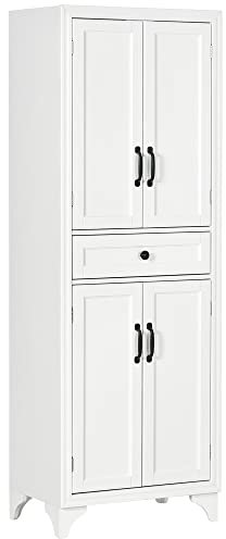 HOMCOM Aparador alto armario de cocina 4 puertas 2 armarios y 1 cajón central altura 170 cm con estante ajustable - Blanco
