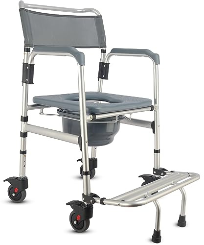 HygiCare 3-in-1 Aluminum Bedside Commode Toilet Shower Chair with Swivel Wheels 6.3 qt Bucket 4 Brake Casters Tool-Free Assembly Support Up to 300 lbs Height Adjustable Lightweight