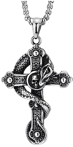 COOLSTEELANDBEYOND Gotico Serpente Cranio Croce Ciondolo Collana con Tribal Totem Modello, Uomo Acciaio Inossidabile, Catena del Grano 75CM