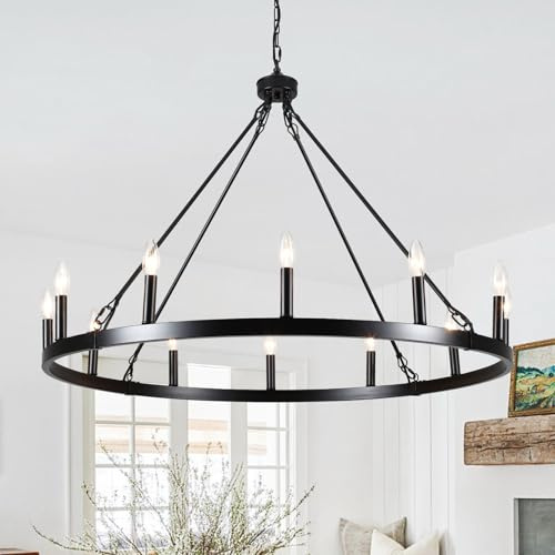 12-Light Black Wagon Wheel Chandelier for Dining Room Farmhouse Pendant Light Fixtures Outdoor for Rustic High Ceilings Round Chandeliers for Living Room Entryway Foyer Kitchen Island,38,E12