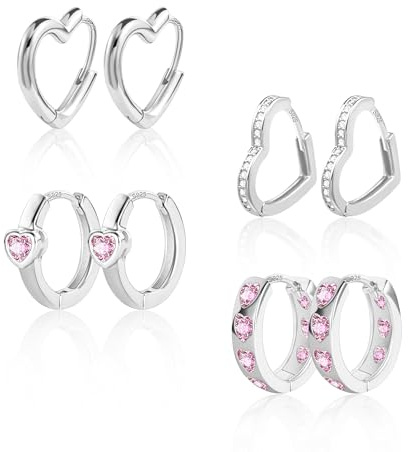 ALEXCRAFT Juego Pendientes Aro Oro Plata Corazón con Circonita para Mujer | Hipoalergénicos Lote Pendientes Mujer Aro Oro 14K y Plata Corazón Liso Calado Rosa Huggie con Circonita Regalo San Valentín