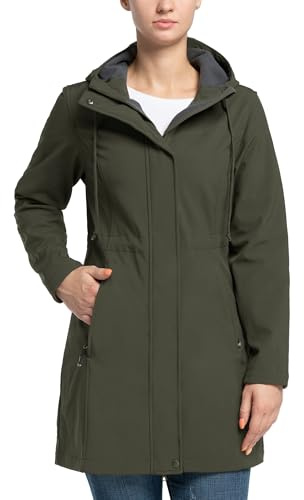 33,000ft Damen Leichte Wasserdichte Softshell Regenjacke Lange Funktionsjacke Übergangsjacke Windjacke Atmungsaktive Regenparka mit Kapuze Regenmantel für Wandern Laufen Sporten Grünlich braun L