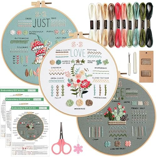 SEBOVIM 3 stegs broderikit för nybörjare vuxna, lätt att lära sig olika sömmar från instruktion och video, nålpunktskit för vuxna med stämplade brodermönster (3-pack)