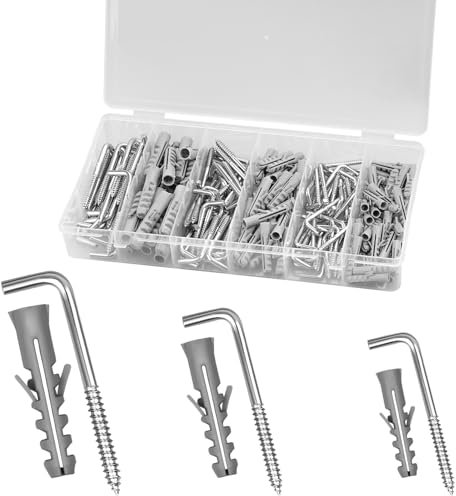 wonkeken 180 Stück L-Haken Schraubhaken mit Expansionsrohr, Wandhaken Edelstahl-Metallhaken Rechtwinklige Metall-Schraubhaken Bilderhaken für Haus, Arbeitsplatz, Büro Aufhängen