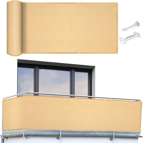 Paravento per balcone, protezione dal vento e dai raggi UV, 75 x 480 cm, ideale per terrazza, cortile, patio, rettangolare, design con corda, migliora la privacy e il comfort