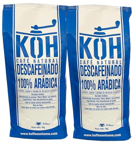KoffeeONHOME Café en Grano Descafeinado al Agua – 100% Arábica – Tueste Natural – 2 kg (2x1000 gr)