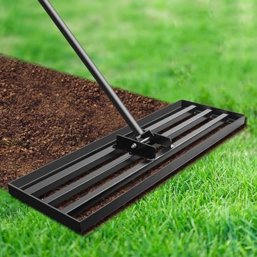 Rastrillo Nivelador de Césped 41x25cm, Rastrillo de Nivelación de Césped Resistente con Mango Ajustable Antideslizante de 213cm, Rastrillo para Césped Jardín, Campo de Golf, Negro