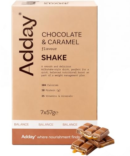 Adday High Protein Meal Replacement Shake Chocolate & Caramel- 7 Complete Meals- 20g Protein, 26 Vitamins- Low Calorie Total Diet Replacement- Gluten Free, Halal
