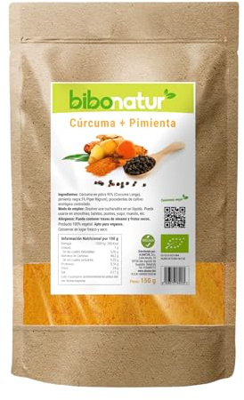 Bibonatur Cúrcuma + Pimienta Negra ECO 150 gr. 100% Natural: sin aditivos. Apta para Dieta Vegana. Cultivo Ecológico Certificado