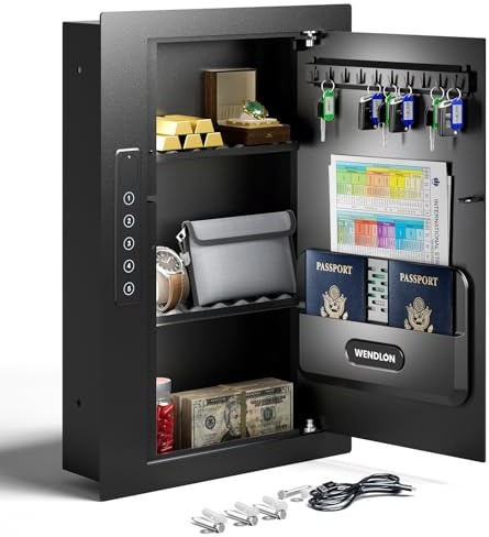 Quick Access Black Wall Safe with Document Storage Box, Flat Hidden In Wall Safes Between the Studs 16 Centers, Wall Mount Safe for Cash, Valuables