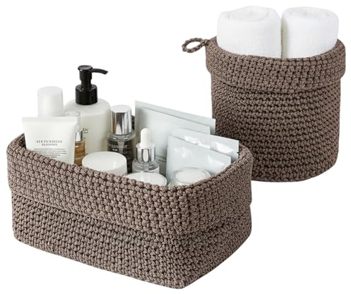 Set di 2 Cestini Intrecciati per Organizzare, Cesto in Corda di Cotone, Impilabile Organizer, Ceste Portaoggetti per Bagno,Cestino Decorativo per Soggiorno,per Cucina, Bagno, Camera da Letto (Marrone)