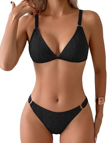 Nadeer 2 Piezas Sexy DiseÑO MetÁLico Estampado con Recortes Bikini Triangulo Mujer Reductor Cuello En V De Talle Bajo Traje De BaÑO Mujer(Negro,L)