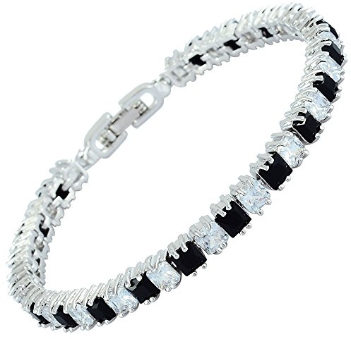 Rizilia Ice Cubes tennisarmband [18 cm/7 tum] med prinsessslipade ädelstenar CZ [5 färger tillgängliga] i 18K vitguldpläterad, enkel modern elegans, colore: svart onyx, cod. LB1285BLA