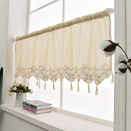 choicehot Rideau brise-bise en dentelle au crochet beige avec pompon en coton et lin - Style maison de campagne vintage - Pour cuisine, salon, maison de campagne - 60 x 150 cm (H x l)