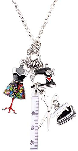 NEWEI Bonito collar con colgante de tijeras y máquina de coser, aleación esmaltada, joya de moda para mujeres y niñas, regalo, metal, sin piedra, Metal, Circonia cúbica