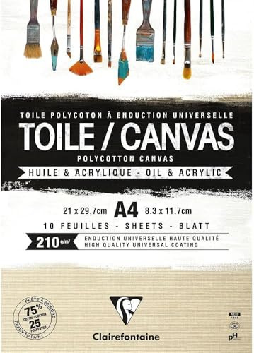 Clairefontaine - Ref 975210C - Ready to Paint Grained Canvas Pad (10 Sheets) - A4 Sized, 210gsm Paper, Acid Free, pH Neutral - Sandy - Suitable for Oil & Acrylic Paint