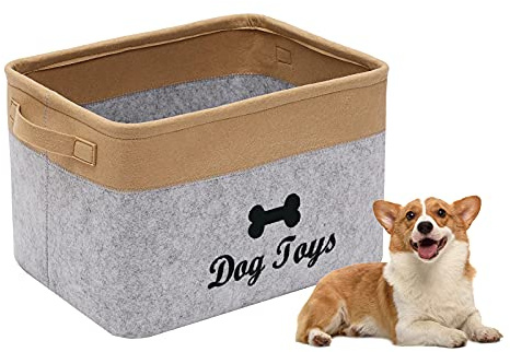 Morezi Caja de juguetes para mascotas de fieltro,caja de almacenamiento de juguetes para perros,utilizada para almacenar juguetes para mascotas,ropa y comida para perros-Caqui/Gris claro