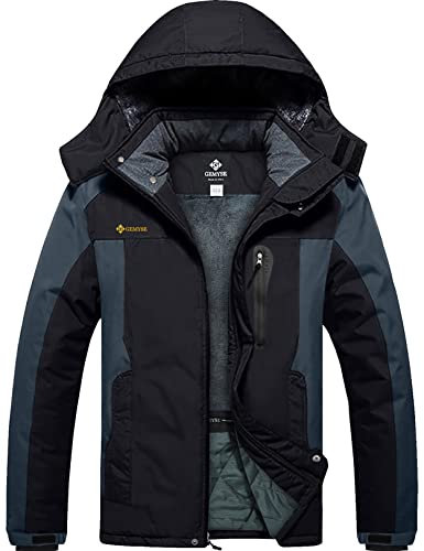 GEMYSE Herren Skijacke Winddicht Wasserdicht Warmes Fleecefutter Winterjacke mit Kapuze für Outdoor(Schwarzgrau,2XL)
