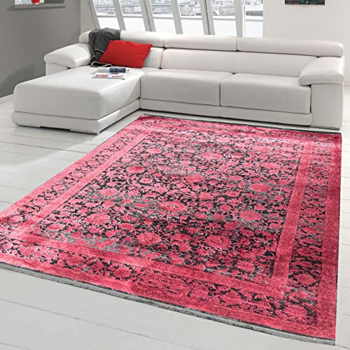 Teppich-Traum Moderner Teppich Wohnzimmer • glänzendes orientalisches Blumendesign in Rot auf schwarzem Hintergrund, 120x170 cm