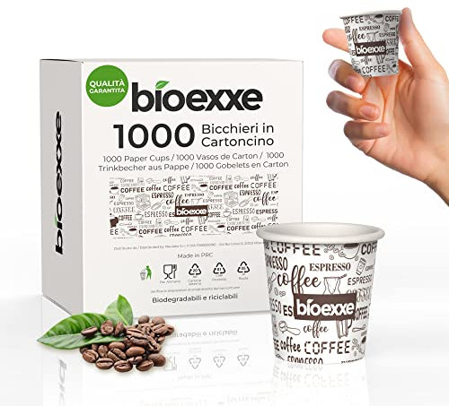 bioexxe 1000 vasos cafe desechables de 75ml vasos desechables biodegradables - soportan bebidas hasta 85°/90°- Tamaño pequeño para espresso italiano (blanco)