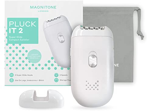 Magnitone PluckIt2 Super Glide Compact Epilator, Long Lasting Hair Removal, for Use on Legs, Underarms & Bikini, USB Rechargeable, 2 Interchangeable Heads, with Storage Pouch