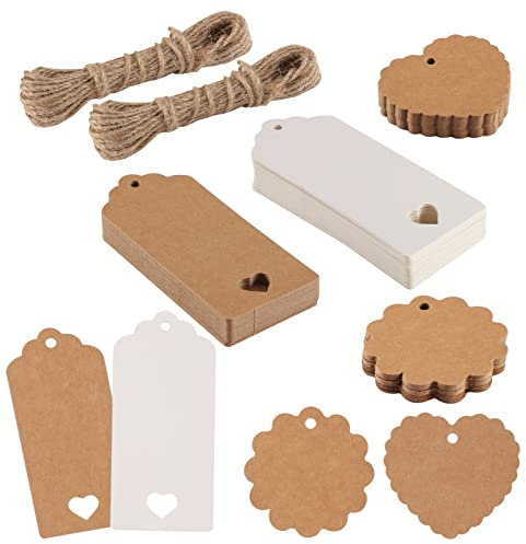 100 Stück Geschenkanhänger Kraftpapier, Kraftpapier Anhänger zum Beschriften Papieranhänger mit 16m Jute Schnur Blanko Geschenkanhänger Weihnachten Handmade Label