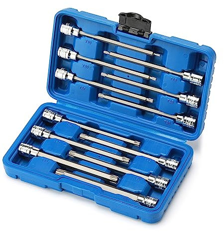 CASOMAN 3/8Drive Extra Long Torx Bit Socket Set, 12 Piece Torx Stra Bit Set, T10 to T60, Length: 150mm, CR-V&S2 Steel