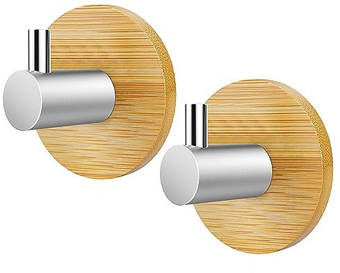APRRMLIZW Holz Bambus Handtuchhaken Haken 2 Stück 304 Edelstahl Bambus Haken Wasserfeste Klebehaken Wand Handtuchhalter Holz Selbstklebende Haken für Wohnzimmer Küche Badezimmer Schlafzimmer