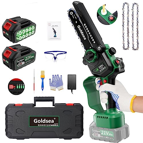 Goldsea Mini Chainsaw, 6 Inch Electric Mini Chainaw Cordless with 2-Pack 2000mAh Batteries and Automatic Oiler, Battery Powered Small Handheld Saw for Tree Trimming Wood Cutting, Gifts for Men