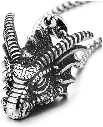 COOLSTEELANDBEYOND Dragón Cabeza Colgante, Hombre Acero Inoxidable Vintage Collar, 75CM Cadena de Trigo