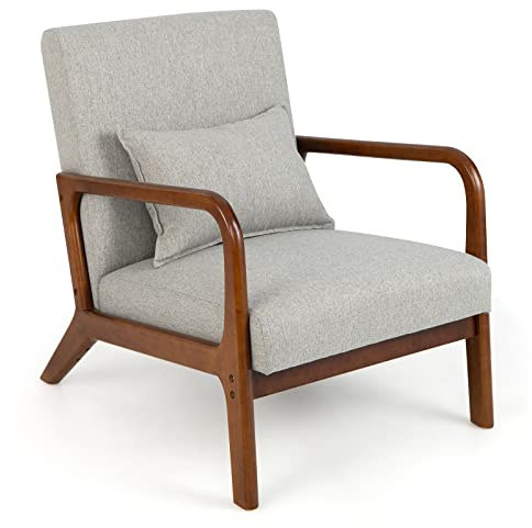 COSTWAY Poltrona da Salotto, Sedia da Soggiorno con Cuscino Lombare, Poltrona Moderna Imbottita, Telaio in Legno di Gomma, per Soggiorno, Camera da Letto, Portata 150 kg (Grigio)