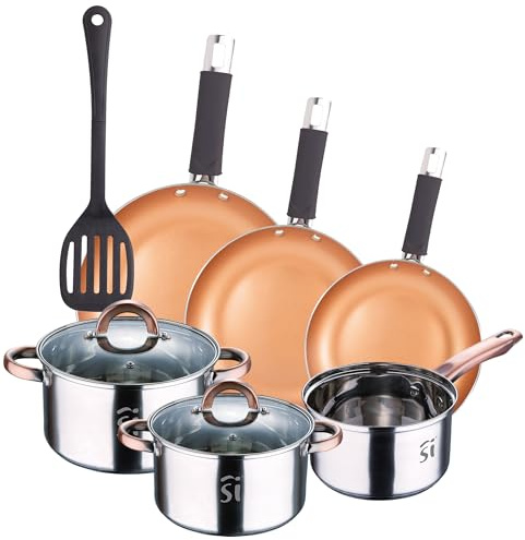 Batería 5pc acero inox Ø16Ø18Ø20 + Juego de sartenes Ø18Ø22Ø26 + Espátula ranurada San Ignacio