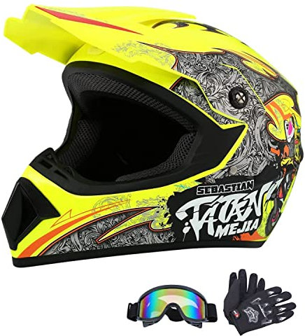 HaTur Motorradhelm Motocross-Helm Dirt Bike Helme Off-Road-Helm mit Handschuhen Schutzbrille für Unisex Jugend Erwachsene (Gelb, L)