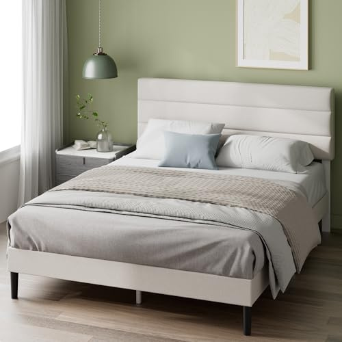 Zinus Piper Somier 135x190 cm - Altura 30 cm - Base Cama Matrimonio Tapizada con Cabecero - Láminas de Madera - Montaje Fácil- Blanco Roto