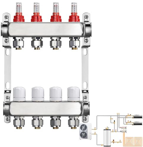 Distributore Circuito Riscaldamento, Misuratore Portata 4 Circuiti Riscaldamento Pavimento Impianto Riscaldamento Pavimento Acciaio Inox Con Flussometro Senza Valvola Sfera Filettatura Esterna 3/4
